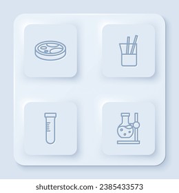 Set line Petri dish with bacteria, Laboratory glassware, Test tube and flask on stand. White square button. Vector