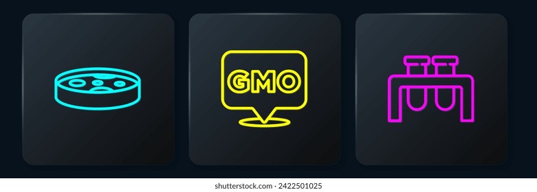 Set line Petri dish with bacteria, Test tube and flask and GMO. Black square button. Vector