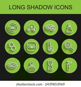 Set line Petri dish with bacteria, Alcohol or spirit burner, Helium, Old hourglass, Test tube, Chemical formula H2O, Microorganisms under magnifier and toxic liquid icon. Vector