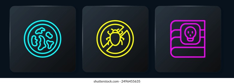 Set line Petri dish with bacteria, Book about poisons and Stop colorado beetle. Black square button. Vector
