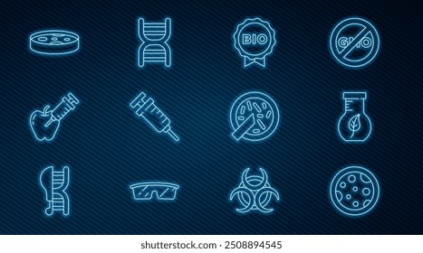 Set line Petri dish with bacteria, Test tube and flask, Label for bio healthy food, Syringe, Genetically modified apple,  and DNA symbol icon. Vector