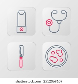 Set line Petri dish with bacteria, Medical saw, Stethoscope and Inhaler icon. Vector