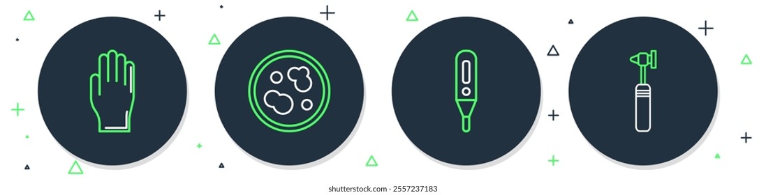 Set line Petri dish with bacteria, Medical digital thermometer, rubber gloves and otoscope tool icon. Vector