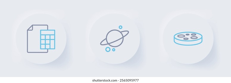 Set line Petri dish with bacteria, Planet Saturn and Calculator icon. Vector