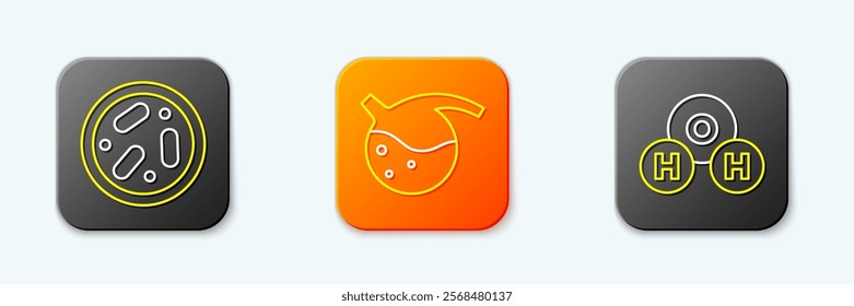 Set line Petri dish with bacteria, Test tube and flask and Chemical formula for H2O icon. Vector