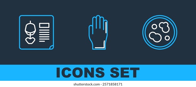 Set line Petri dish with bacteria, X-ray shots and Medical rubber gloves icon. Vector