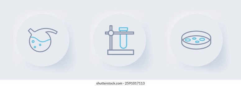 Set line Petri dish with bacteria, Test tube flask on stand and  icon. Vector