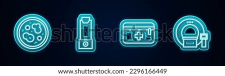 Set line Petri dish with bacteria, Inhaler, First aid kit and Tomography. Glowing neon icon. Vector