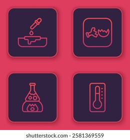 Set line Petri dish with pipette, Test tube flask on fire, Broken and Medical thermometer. Blue square button. Vector