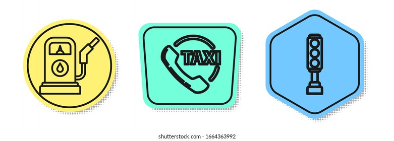 Set line Petrol or Gas station, Taxi call telephone service and Traffic light. Colored shapes. Vector