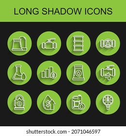 Set line Petrol or Gas station, and gas industrial factory building, Canister for motor machine oil, Motor gauge, Pie chart infographic dollar, Broken metal pipe with leaking water and  icon. Vector