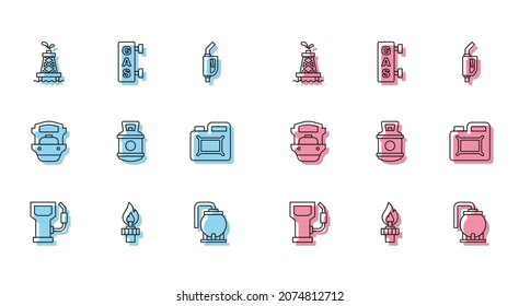 Set line Petrol or gas station, Oil rig with fire, tank storage, Propane, Canister for motor oil, tanker ship and Gas filling icon. Vector