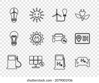 Set line Petrol or Gas station, Hydrogen car, Light bulb with wind turbine, Solar energy panel, filling and Address book icon. Vector