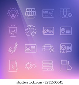 Set line Petrol or Gas station, Certificate template, Address book, Recycle symbol, bin with recycle, Solar energy panel and Financial document icon. Vector