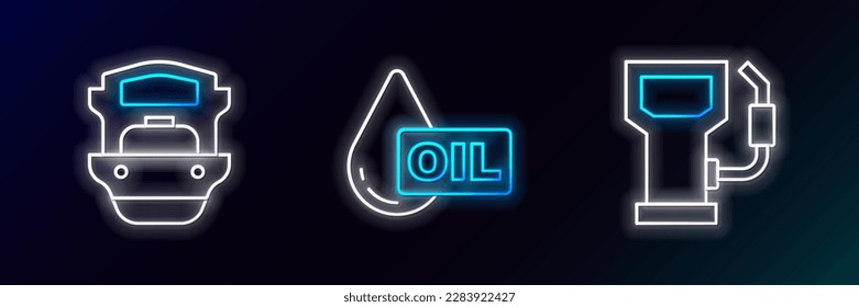 Set line Petrol or gas station, Oil tanker ship and drop icon. Glowing neon. Vector