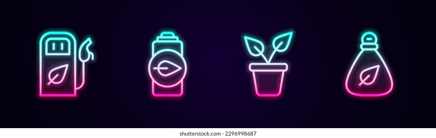 Set line Petrol or gas station, Eco nature leaf battery, Plant in pot and Garbage bag. Glowing neon icon. Vector