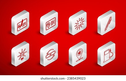 Set line Petrol or Gas station, Address book, Cute sun with smile, Pen, Location shopping basket, Signed document, Chain link line and Light bulb gear icon. Vector