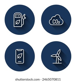 Set line Petrol or gas station, CO2 emissions in cloud, Mobile phone with leaf and Wind turbine with long shadow. Blue circle button. Vector