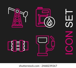Set line Petrol or gas station, Metallic pipes and valve, Canister for motor oil and Oil pump pump jack icon. Vector