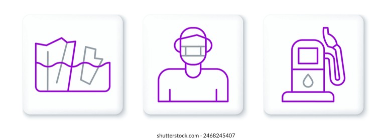 Set line Petrol or gas station, Glacier melting and Face protective mask icon. Vector