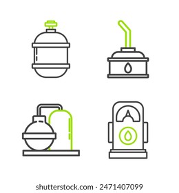 Set line Petrol or Gas station, Oil and gas industrial factory building, Canister for motor machine oil and Propane tank icon. Vector
