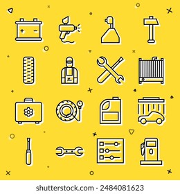 Set line Petrol or Gas station, Car wash, radiator cooling system, Gear shifter, mechanic, tire wheel, battery and Screwdriver and wrench spanner icon. Vector