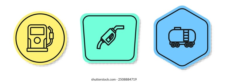Línea de gasolina o gasolinera, boquilla de la bomba de gasolina y cisterna de ferrocarril de aceite. Formas de colores. Vector