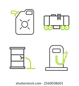 Set line Petrol or gas station, Barrel oil leak, Oil railway cistern and Canister for motor icon. Vector