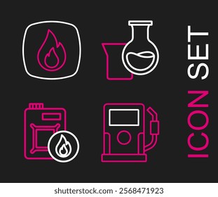 Set line Petrol or gas station, Canister for motor oil, Oil petrol test tube and Fire flame icon. Vector