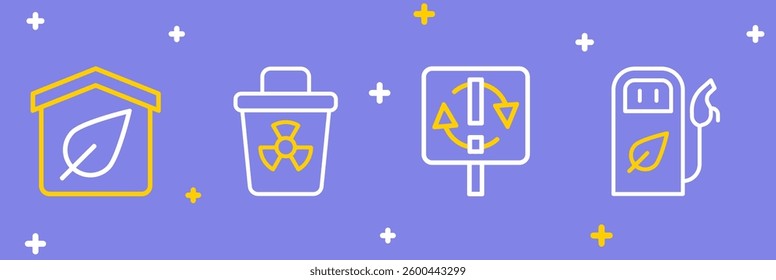 Set line Petrol or gas station, Recycle symbol, Infectious waste and Eco friendly house icon. Vector