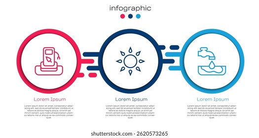 Set line Petrol or gas station, Sun and Water problem. Business infographic template. Vector