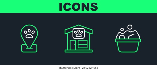 Set line Pets bath, Location pet grooming and  icon. Vector