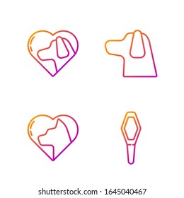 Set line Pets vial medical, Heart with cat, Heart with dog and Dog. Gradient color icons. Vector