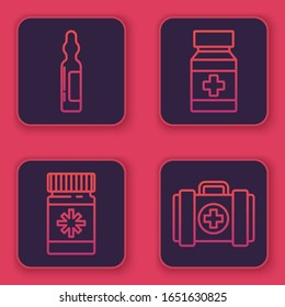 Set line Pets vial medical, Dog medicine bottle and pills, Dog medicine bottle and pills and Pet first aid kit. Blue square button. Vector