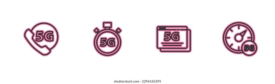 Set line Phone with 5G network, , Digital speed meter and  icon. Vector