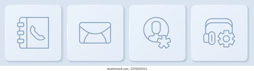 Set line Phone book, Elected employee, Mail and e-mail and Headphoneswith settings. White square button. Vector