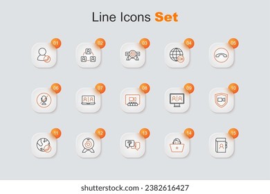 Set line Phone book, Freelancer, Question and Answer, Web camera, Video chat conference,  and  icon. Vector