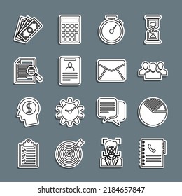 Set Line Phone Book, Pie Chart Infographic, Users Group, Stopwatch, Identification Badge, Document With Search, Stacks Paper Money Cash And Envelope Icon. Vector