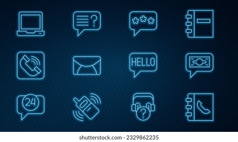 Set line Phone book, Stacks paper money cash, Speech bubble chat, Mail and e-mail, Telephone handset, Laptop, Hello in different languages and Unknown search icon. Vector