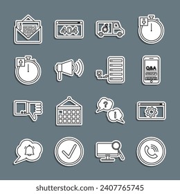 Set line Phone call, Setting, Mobile Question and Exclamation, Car service, Megaphone, Stopwatch, Envelope and Server icon. Vector