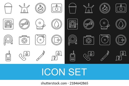 Set line Phone with emergency call 911, Fire exit, Water drop, flame, No Smoking, hose cabinet, bucket and Ringing alarm bell icon. Vector