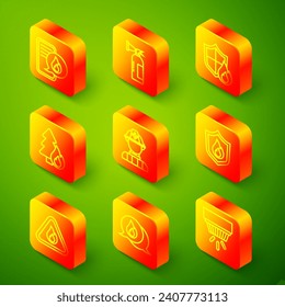 Set line Phone with emergency call 911, Fire extinguisher, protection shield, Burning forest tree, Firefighter, flame triangle and Telephone icon. Vector