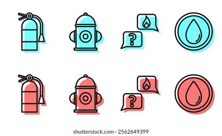 Set line Phone with emergency call 911, Fire extinguisher, Fire hydrant and Water drop icon. Vector