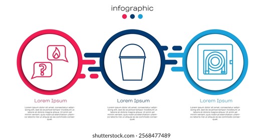 Set line Phone with emergency call 911, Fire bucket and Fire hose cabinet. Business infographic template. Vector