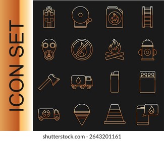Set line Phone with emergency call 911, Open matchbox and matches, Fire hydrant, Canister for flammable liquids, No fire, Gas mask, Medical hospital building and Campfire icon. Vector