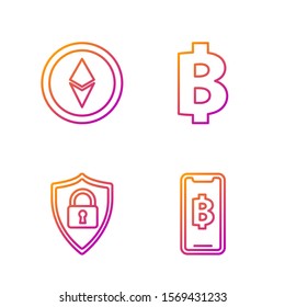 Set line Phone mobile and cryptocurrency coin Bitcoin, Shield security with lock, Cryptocurrency coin Ethereum ETH and Cryptocurrency coin Bitcoin. Gradient color icons. Vector