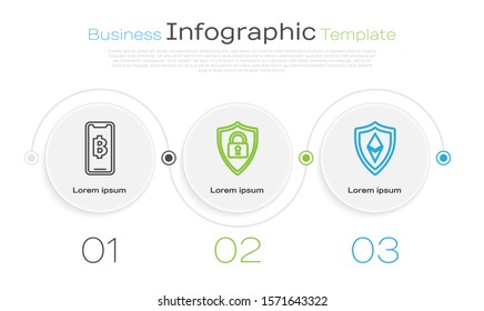 Set line Phone mobile and cryptocurrency coin Bitcoin, Shield security with lock and Shield Ethereum ETH. Business infographic template. Vector