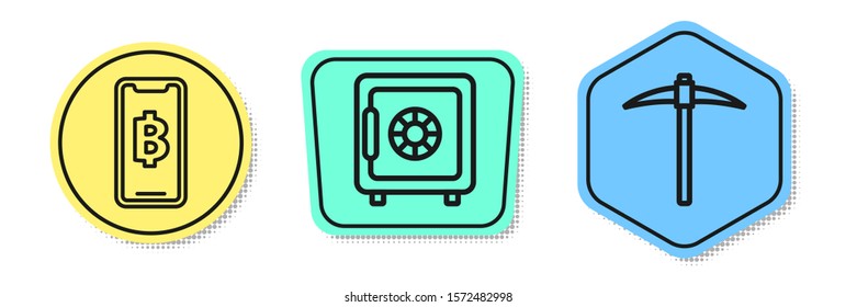 Set line Phone mobile and cryptocurrency coin Bitcoin, Safe and Pickaxe. Colored shapes. Vector
