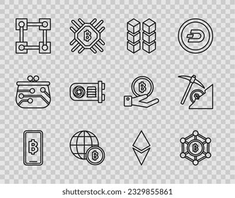 Set line Phone mobile and cryptocurrency coin Bitcoin, Blockchain technology, Globe, Mining farm, Cryptocurrency Ethereum ETH and cloud mining icon. Vector