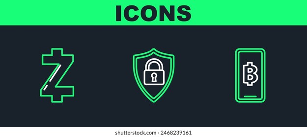 Set line Phone mobile and cryptocurrency coin Bitcoin, Cryptocurrency Zcash ZEC and Shield security with lock icon. Vector